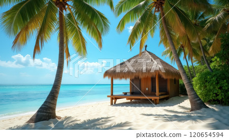 Tropical beach getaway with palm trees and seaside hut for relaxation and paradise vacations. AI generation 120654594