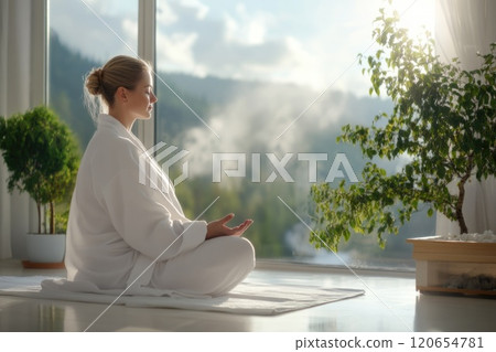 Peaceful focus: young woman in meditation pose sitting gracefully, radiating calmness, serenity, embodying mindfulness, inner harmony, connection with self in tranquil, uninterrupted atmosphere 120654781