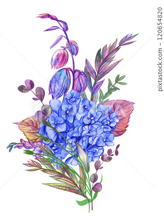 Watercolor sketch illustration with pink bouquet flowers drawn with watercolor pencil 120654820