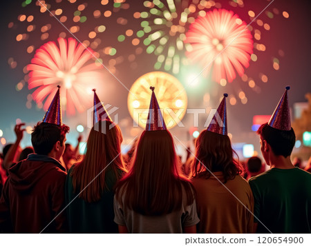 New Year's Eve celebration with fireworks and party hats. AI generation 120654900