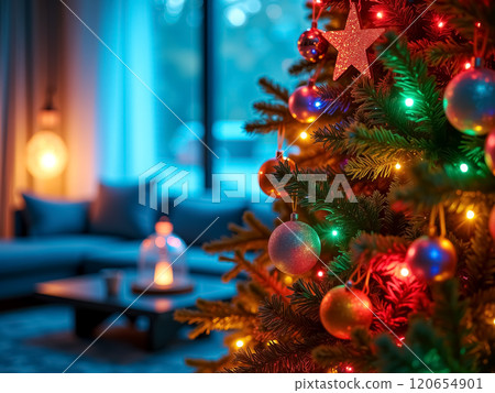 Decorated Christmas tree with colorful ornaments and glowing lights. AI generation Decorated Christmas tree with colorful ornaments and glowing lights. AI generation 120654901