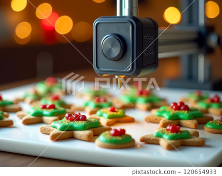 Automated machine decorating Christmas cookies. AI generation Automated machine decorating Christmas cookies. AI generation 120654933