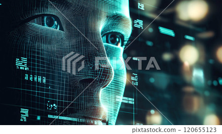 Biometric face holographic glows with intricate patterns. The concept of identity verification, advanced technology, and security systems. Generative AI. 120655123