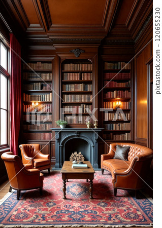 Cozy reading nook with leather chairs and bookshelves in a warmly lit room Cozy reading nook with leather chairs and bookshelves in a warmly lit room 120655230
