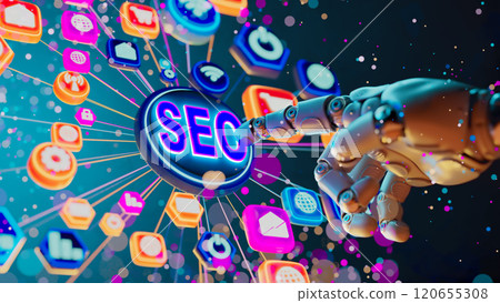 Robotic Hand Pressing SEO Button Amidst Digital Social Media Icons 120655308