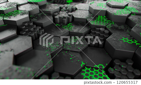 Neon Green Hexagonal Pattern on Dark Surface 120655317