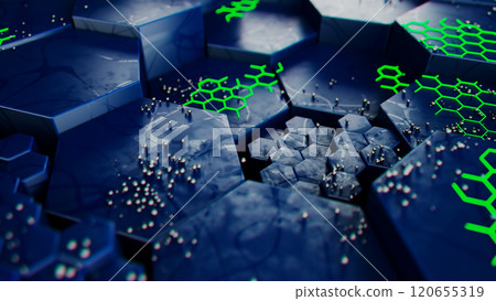 Futuristic Hexagonal Landscape with Neon Green Details 120655319