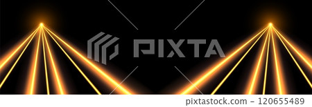 Orange laser beams, concert or nightclub spotlights light effect. Lasers in motion, abstract perspective background. Orange laser beams, concert or nightclub spotlights light effect. Lasers in motion, abstract perspective background. 120655489