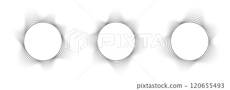Round sound wave frames, circular lines pattern, radial curvy shapes, geometric concentric design. Round sound wave frames, circular lines pattern, radial curvy shapes, geometric concentric design. 120655493