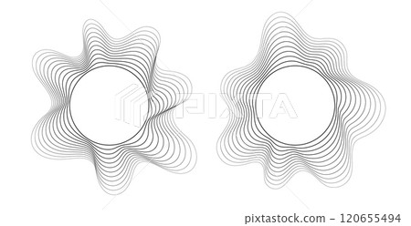 Round sound wave frames, circular lines pattern, radial curvy shapes, geometric concentric design. Round sound wave frames, circular lines pattern, radial curvy shapes, geometric concentric design. 120655494