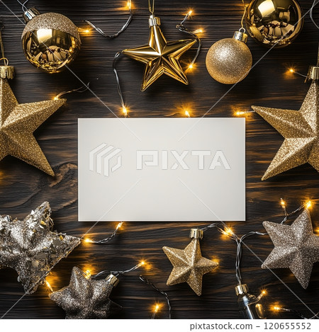 A white card is surrounded by gold and silver decorations. Blank white Christmas holiday postcard mockup 120655552