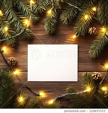 A white card surrounded by Christmas decorations on a wooden table. Blank white Christmas holiday postcard mockup 120655553