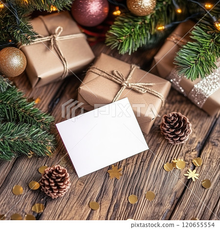 A wooden table with Christmas presents and a lovely card. Blank white Christmas holiday postcard mockup 120655554