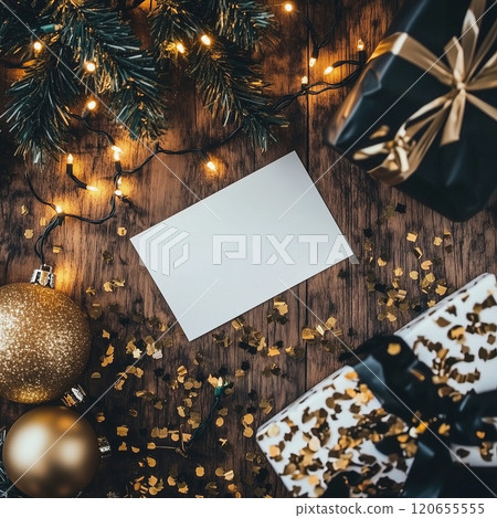 A white card lies on a wooden table with Christmas presents. Blank white Christmas holiday postcard mockup 120655555