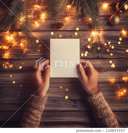 A person is currently holding a piece of paper atop a wooden table. Blank white Christmas holiday postcard mockup 120655557