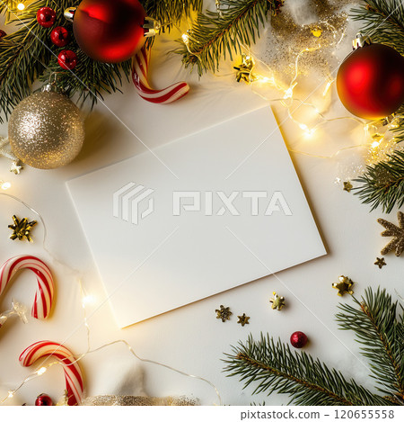 A white card is surrounded by Christmas decorations and candy canes. Blank white Christmas holiday postcard mockup A white card is surrounded by Christmas decorations and candy canes. Blank white Christmas holiday postcard mockup 120655558