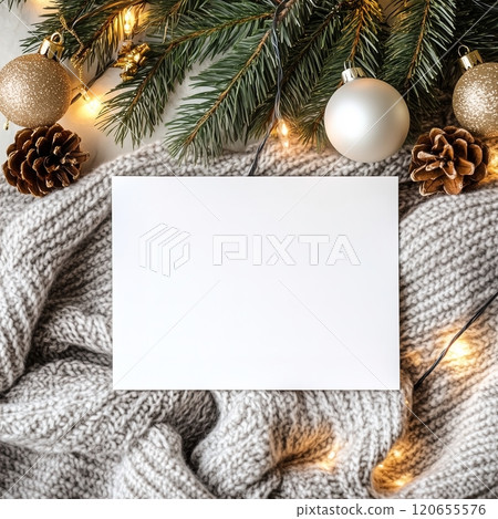 A white card rests on a knitted blanket by a Christmas tree. Blank white Christmas holiday postcard mockup 120655576