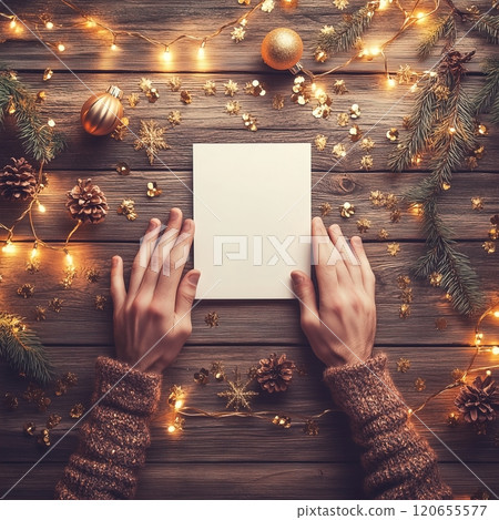 A person holds a paper on a wooden table with Christmas decor. Blank white Christmas holiday postcard mockup 120655577