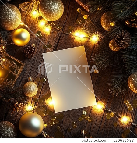 A card surrounded by Christmas decorations and lights on a table. Blank white Christmas holiday postcard mockup A card surrounded by Christmas decorations and lights on a table. Blank white Christmas holiday postcard mockup 120655588