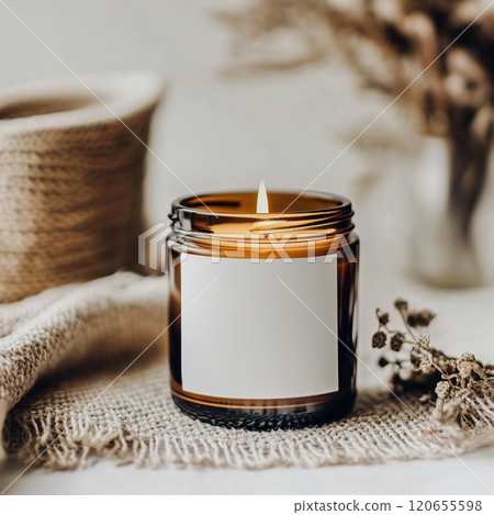 A candle that has a white label is quietly sitting on a table Amber glass jar candle white label mockup, boho style home interior. 120655598