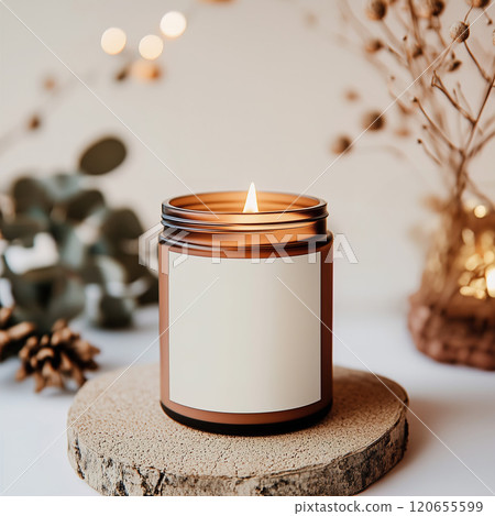 A simple candle adorned with a white label is resting on a piece of wood Amber glass jar candle white label mockup, boho style home interior. 120655599