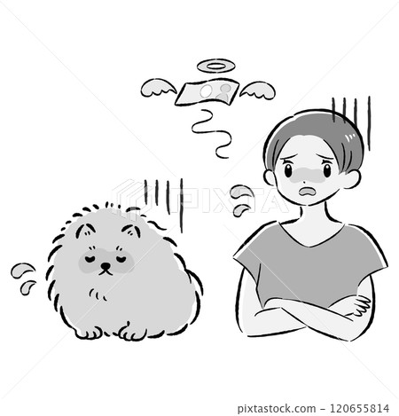 Illustration set of an unwell dog and its female owner struggling with medical expenses 120655814
