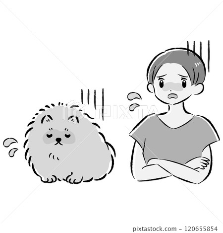 一隻不適的狗和一位憂心忡忡的女主人的插圖集 一隻不適的狗和一位憂心忡忡的女主人的插圖集 120655854