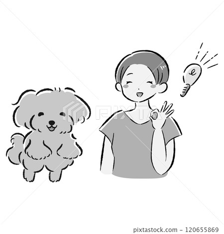 Illustration set of a jumping dog and an owner who comes up with an idea 120655869