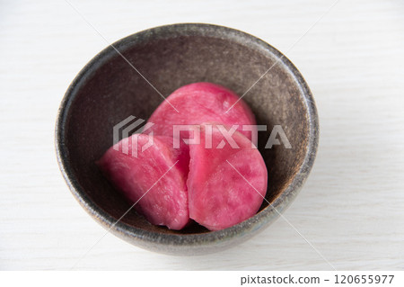 Atsumi turnip pickles served on a small plate 120655977
