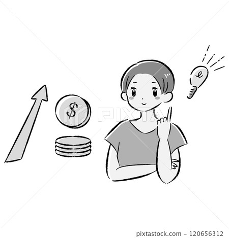 Illustration of a smiling woman with an image of money (dollars) increasing Illustration of a smiling woman with an image of money (dollars) increasing 120656312