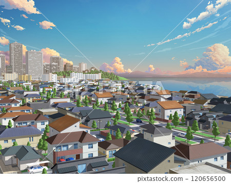 Background with sea, city, house, residential, town, CG, BG, streetscape Background with sea, city, house, residential, town, CG, BG, streetscape 120656500