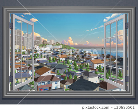 City, residential area, CG, scenery from the window, streetscape, background with sea 120656501