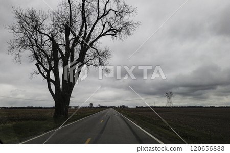 Lonely Country Road During a Cloudy Day in Autumn, Madison County, Ohio Lonely Country Road During a Cloudy Day in Autumn, Madison County, Ohio 120656888