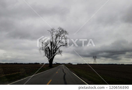 Lonely Country Road During a Cloudy Day in Autumn, Madison County, Ohio 120656890