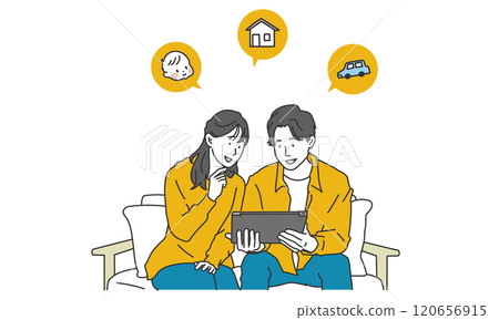 A simple illustration of a couple sitting on the sofa and making a life plan A simple illustration of a couple sitting on the sofa and making a life plan 120656915