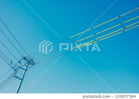 Electric wire protection cover around the construction site and clear blue sky b-3 warm color 120657164