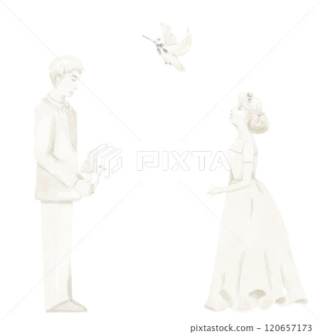 Bride and Groom Releasing Doves, Cream Colored Figurines or Figurines, Watercolor Digital Illustration for Print and Web Use 120657173