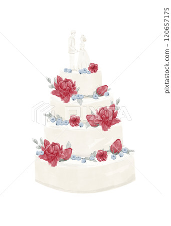 Wedding Cake with Four Tiers with Bride and Groom Figures, Red Peony or Lotus Flowers, Blueberries, Rose Buds and Green Twigs and Leaves Herbs Topping, Watercolor Digital Illustration for Print Wedding Cake with Four Tiers with Bride and Groom Figures, Red Peony or Lotus Flowers, Blueberries, Rose Buds and Green Twigs and Leaves Herbs Topping, Watercolor Digital Illustration for Print 120657175