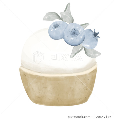 Cupcake with White Vanilla Cream, Blueberries and Herb Leaves Topping, Watercolor Digital Illustration for Print and Web Use Cupcake with White Vanilla Cream, Blueberries and Herb Leaves Topping, Watercolor Digital Illustration for Print and Web Use 120657176