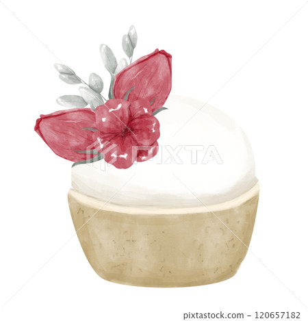 Vanilla Cupcake with Buttercream Frosting, Edible Red Flowers and Green Leaves Topping, Watercolor Digital Illustration for Print and Web Use 120657182