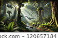 Jurassic jungle, ancient ferns, trees, dinosaur with a river 120657184