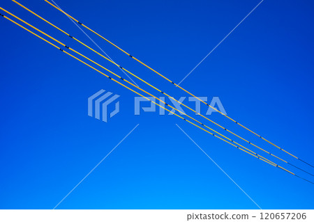 Electric wire protection covers around the construction site and clear blue sky c-2 High saturation Electric wire protection covers around the construction site and clear blue sky c-2 High saturation 120657206
