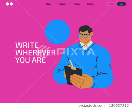 Writing people, modern flat vector concept illustration- standing man thoughtfully writing on clipboard, bubble near head Metaphor for reflection, personal insight, contemplation, creative expression 120657212