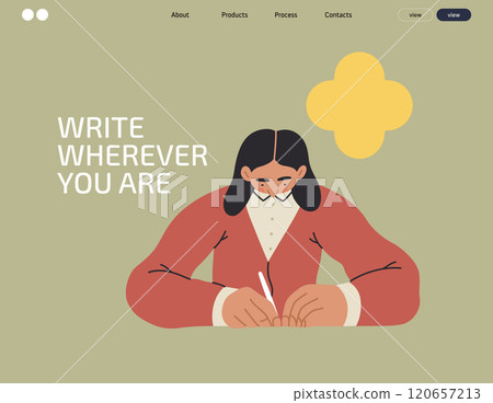 Writing people, modern flat vector concept illustration- sitting woman thoughtfully writing on paper, bubble near head Metaphor for reflection, personal insight, contemplation, creative expression 120657213