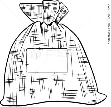 Canvas Bag Tied With Blank Label Graphic Black And White Illustration For Print And Web Design Of Physical Products And Projects Canvas Bag Tied With Blank Label Graphic Black And White Illustration For Print And Web Design Of Physical Products And Projects 120657254