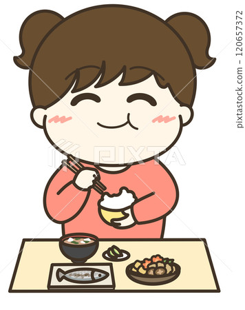 A cute illustration of a girl munching away deliciously 120657372