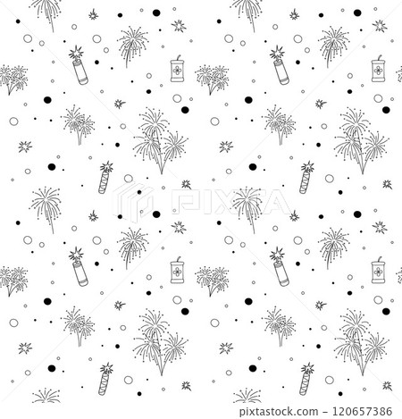 Seamless Pattern. Fireworks, firecrackers, circles, endless ornament. New Year, Chinese, Lunar New year, Celebration, Festival, holiday decor, print, design papers, textile, wrapping, packaging etc. 120657386