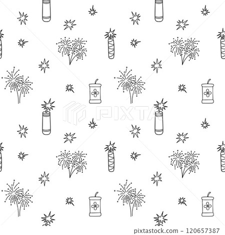 Seamless Pattern. Fireworks, firecrackers, endless ornament. Celebration design. New Year, Chinese, Lunar New year, Celebration, Festival, holiday decor, print, design papers, textile etc. 120657387