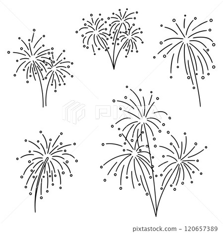 Fireworks. Firework black line icon set. Simple doodle contours. Flat design on a white background. Anniversary, New year, Celebration, Festival. Greeting cards, holiday design elements, print, etc. 120657389
