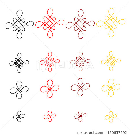 Collection of simplified Chinese knots in different colors. Simple contour silhouettes, red, black, bordo and yellow. Design elements, Chinese New Year celebration style 120657392